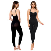 Black bodysuit worn by a model on a white background